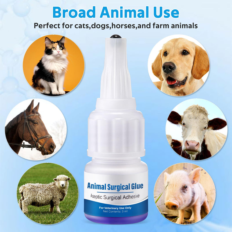 Veterinary Surgical Skin Glue, Strong Surgical Adhesive with 10 Precise Applicators, Blue Tinted Fast Acting Waterproof Wound Closure for Pets Dogs Cats, Pain Free & Stress Free(1 Pack,3ml) 1 3ml