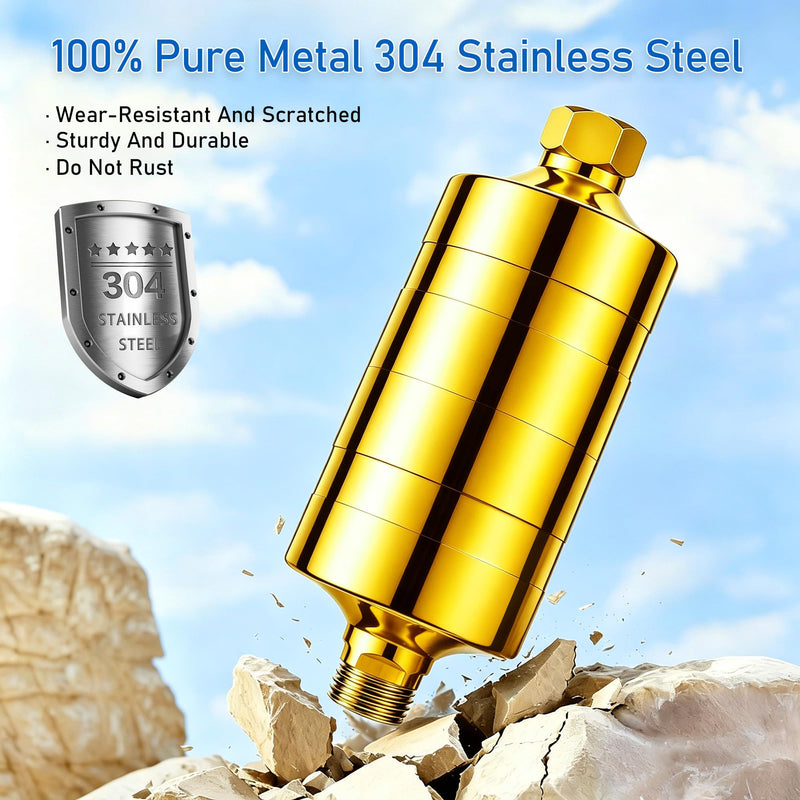 Larger Premium Metal Shower Filter, Stainless Steel 304, Clean Soft Water, Remove 99% Chlorine, Improve Your Skin Nail Hair, Easy to Install (GOLD) Gold