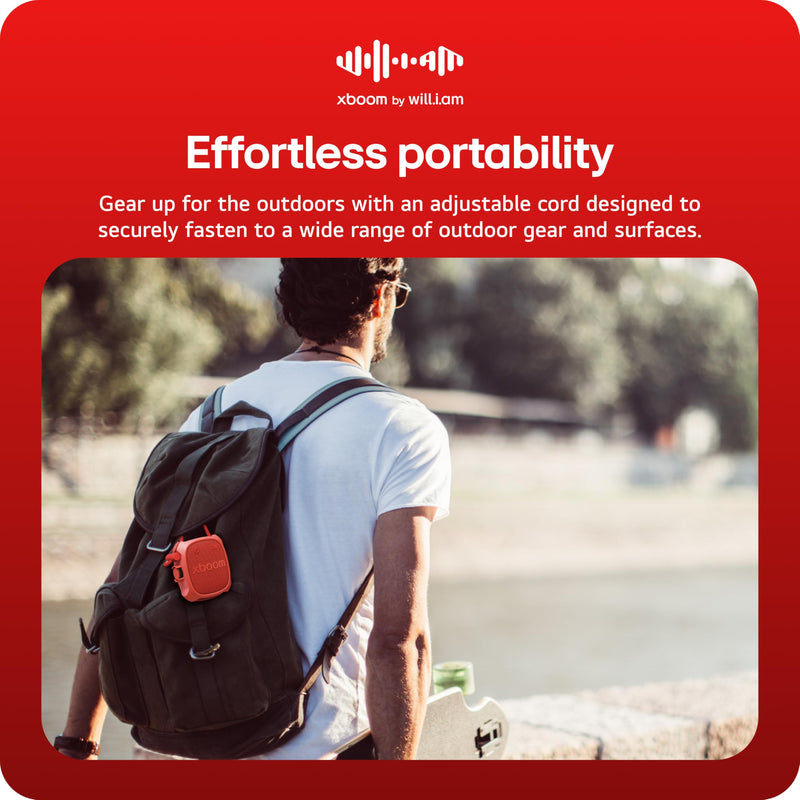 LG xboom Rock by will.i.am, Portable Outdoor Bluetooth Speaker, up to 10 Hours, IP67 Dust and Water Resistant, Adjustable Mounting Cord, Red