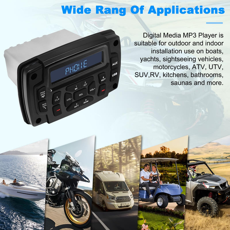 Geloo Marine Radio Receiver Waterproof Boat Stereo Radio System with AUX-in Subwoofer Pre-Amp EQ, AM/FM Radio Receiver Digital Media MP3 Player USB Input for Motorcycle Boat Golf Cart Truck