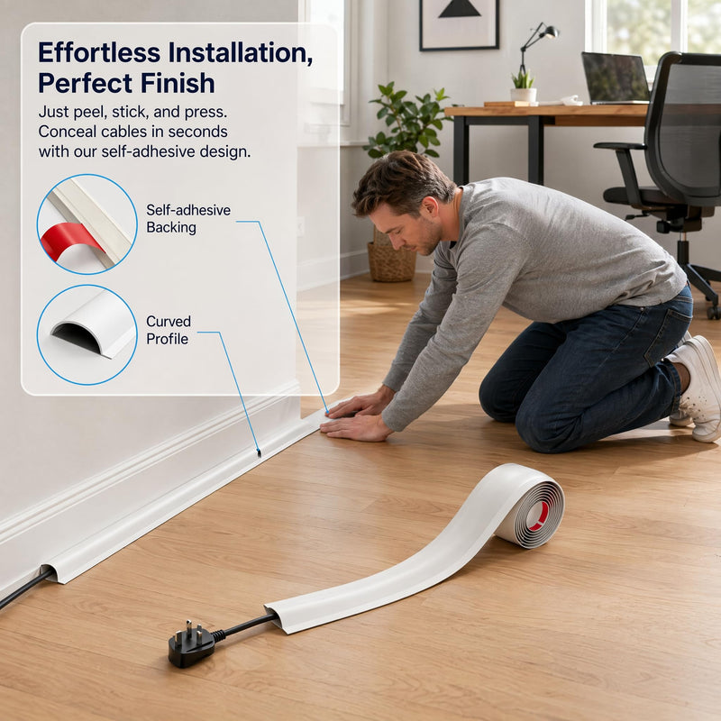 3.3ft Floor Cord Cover, Hide Extension Cords, Prevent Cable Trips, Heavy Duty Cord Hider for Home, Office, Living Room, Bedroom and Walkways, White