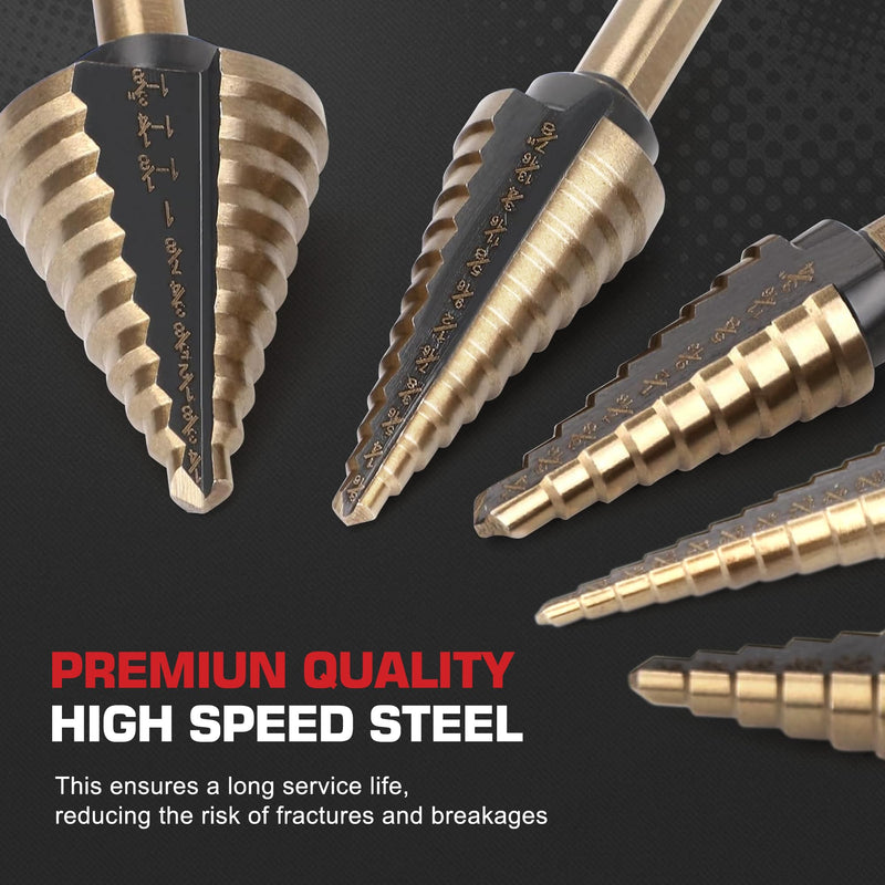 5Pcs Step Drill Bit & 5Pcs Countersink Drill Bit Set, Titanium Coated, HSS Step Bit, 50 Sizes of Step Bit for Metal with Aluminum Case, Multiple Hole Stepped Up Bits for DIY 11pcs