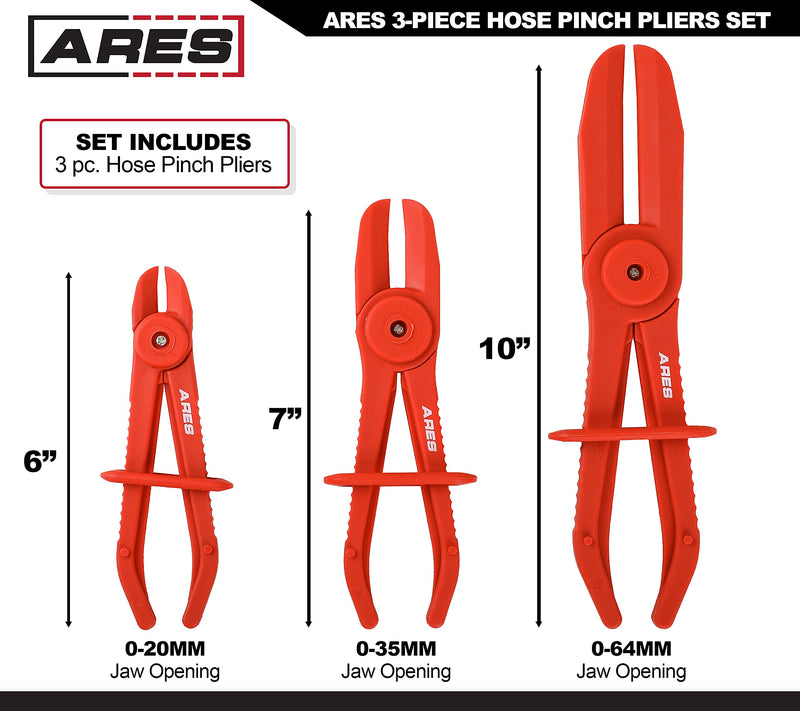 ARES 78000-3-Piece Hose Pinch Pliers Set – Includes 6-Inch, 7-Inch, and 10-Inch Sizes - Lightweight and Durable Nylon Design - For Use While Repairing Coolant, Brake, Vacuum and Fuel Systems 3-Piece Hose Pinch Pliers Set