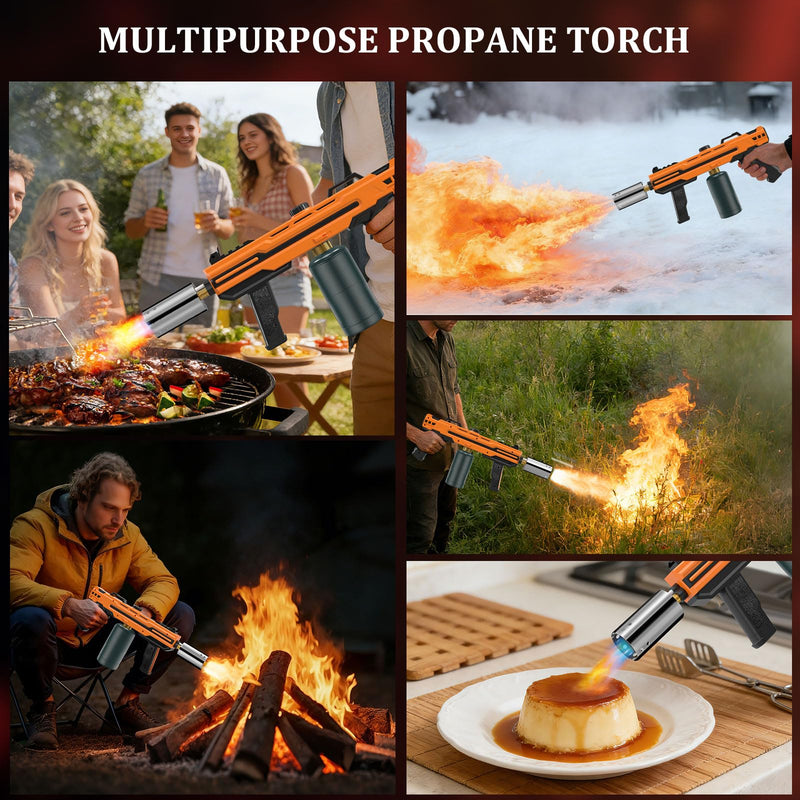 XIEEAOZEE Powerful Propane Torch Gun, Cooking Torch With Adjustable Flame, Flamethrower Kitchen Torch Burner Gas Welding Kits for Grill, BBQ, Campfire, Camping (Propane Tank Not Included) Orange