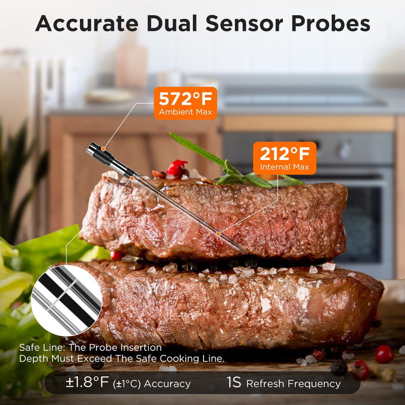 Bluetooth Meat Thermometer with Smart APP, 800FT Wireless Range & LCD Base, Rechargeable Probe, Digital Food Thermometer for BBQ, Grill, Chefs, Air Fryer, Gifts for Men Dad 1 Probe