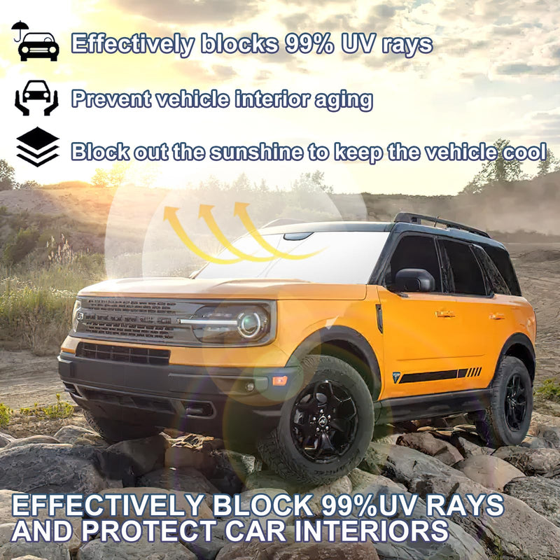 Windshield Sun Shade for 2021-2025 Ford Bronco Sport| Fully Covered Foldable Front Window Sun Visor| 310T Polyester| UV Heat Insulation Protection| Outdoor Camping (Not for Bronco Model) Fit 2021-2025 Bronco Sport