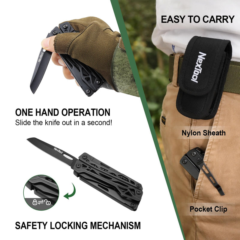 NexTool Multitool, 11 in 1 Multi Tool with Needle Nose Pliers, Scissors and Screwdriver Bits, Stainless Steel Multi Tool Pocket Knife with Safety Locking for Camping,Fishing,Hiking, Mens Gifts Unique Full Size Black Knight Pliers