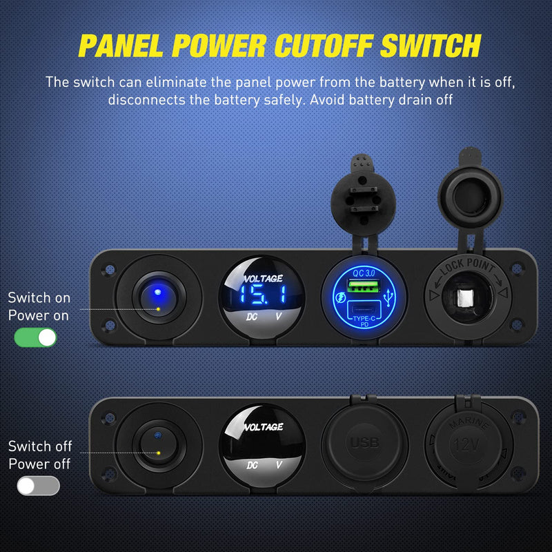 Nilight 4 in 1 ON/Off Charger Socket Panel PD Type C and QC 3.0 USB Power Outlet LED Voltmeter Cigarette Lighter Rocker Toggle Switches for Truck Car Boats RV Type C + USB Blue