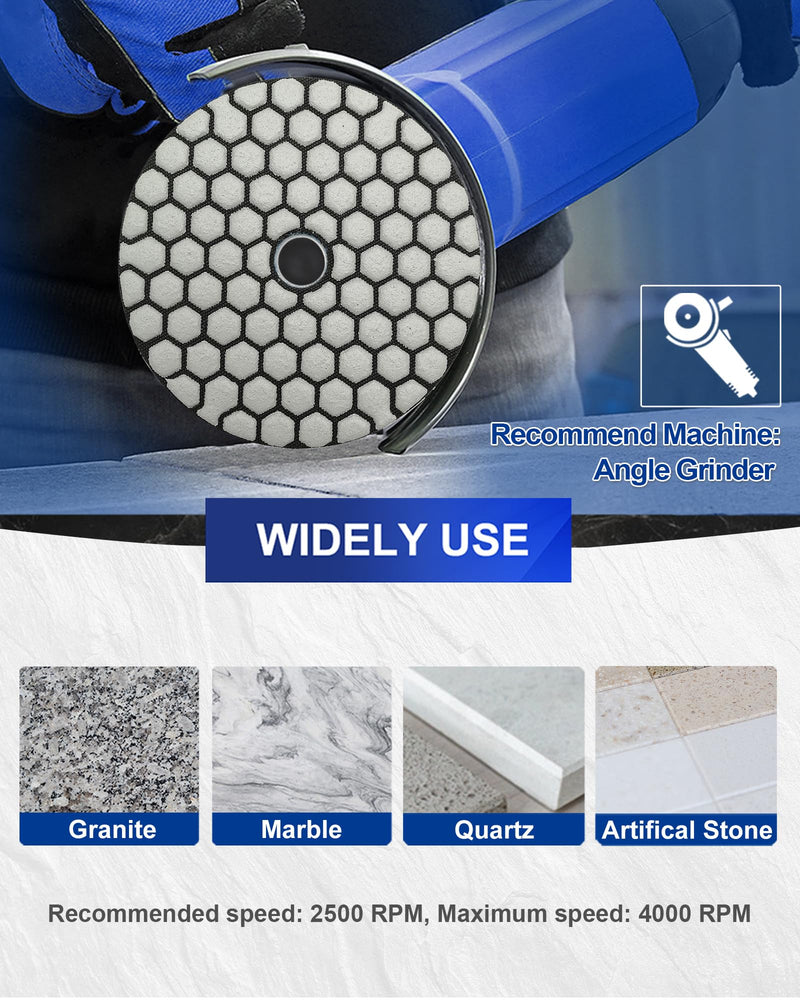 SHDIATOOL Dry Diamond Polishing Pads 4 Inch Set of 7 Pieces Plus Alu Backer for Granite, Marble, Stone Sanding and Grinding Mixed Grits+Alu backer