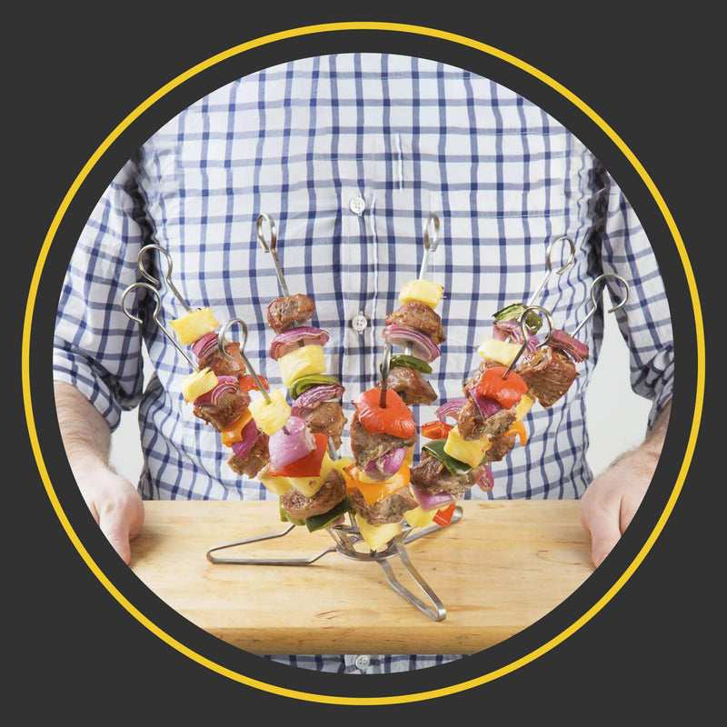 O-Yaki Flat Metal Kabob Skewer for Grilling – Set of 9 BBQ Skewers Stainless Steel with Storage Bag, Dishwasher Safe Skewers with Hook Handle & Sharp Tip for Outdoor BBQ, Cookouts & Oven Use – 8 Inch