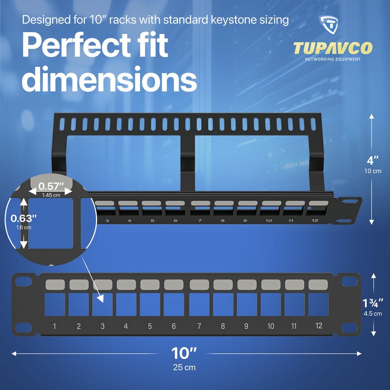 10" Patch Panel for Mini Network Rack (12 Port) - Tupavco TP410 | Keystone patch panel for mini network rack (10 inch) cable management, keystone jacks not included