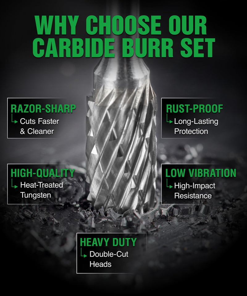 Carbide Burr Set 1/4" (6.35mm) Shank – 10 Pcs Double Cut Die Grinder Bits for Milling, Carving, Engraving, Deburring, Drilling, Hard Wood and Metals – Tungsten Carbide Drill Bit Set for Rotary Tools 10pcs Set 1/4 6.35mm