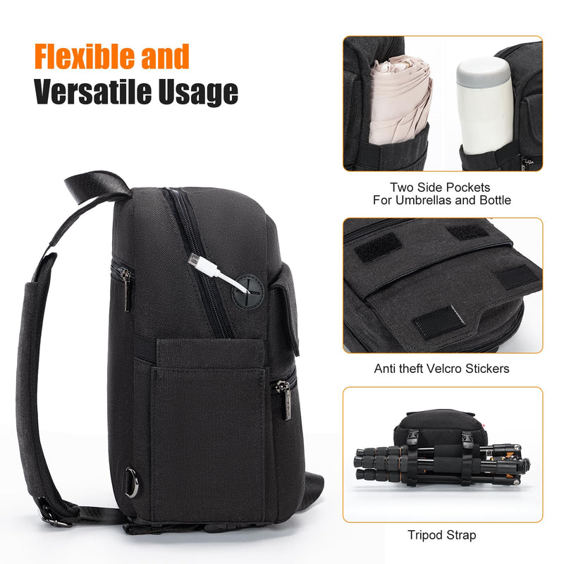Cwatcun Large Camera Sling Bag, Crossbody Chest Bag with Tripod Holder | Fits 1body+2lenses +9.7"iPad +6.7"phone.Travel Photography Bag for Canon, Nikon, Sony, Fuji DSLR/SLR/Mirrorless Cameras, Lens Black