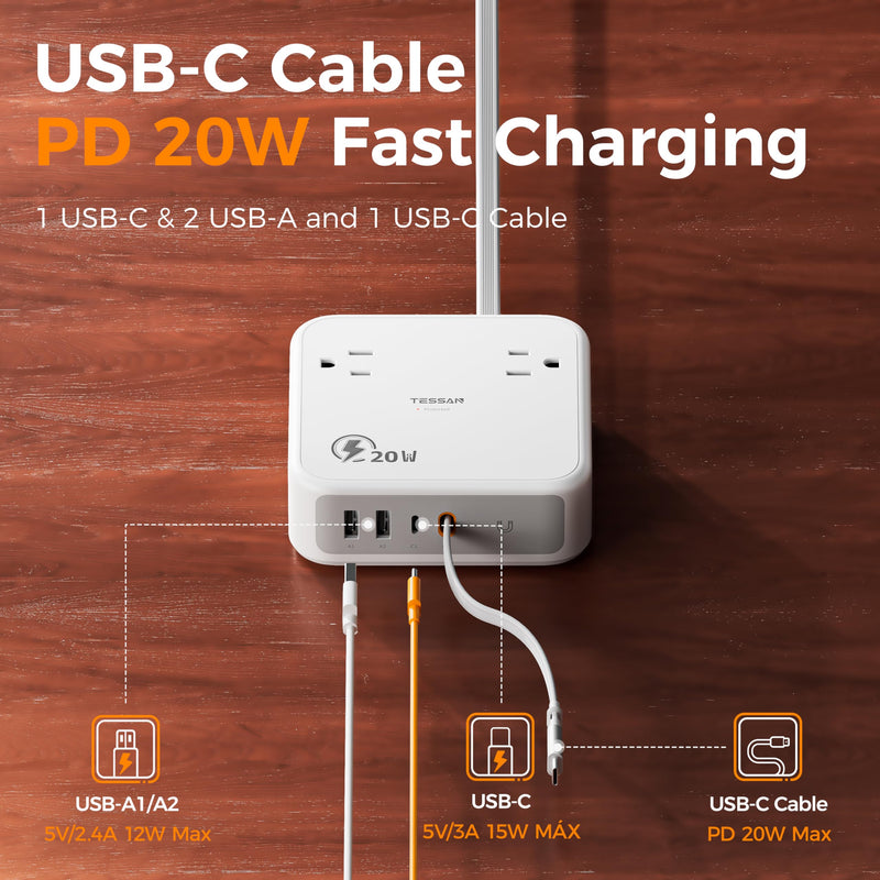 TESSAN Surge Protector Extension Cord 5Ft, Flat Plug Power Strip | 4 Outlets 4 USB Ports(1 USB C) 20W USB C Cable, USB Charger 1050 Joules Protection, Suitable for Home Office Dorm, Grey Gray 5FT-1050J Surge Protector