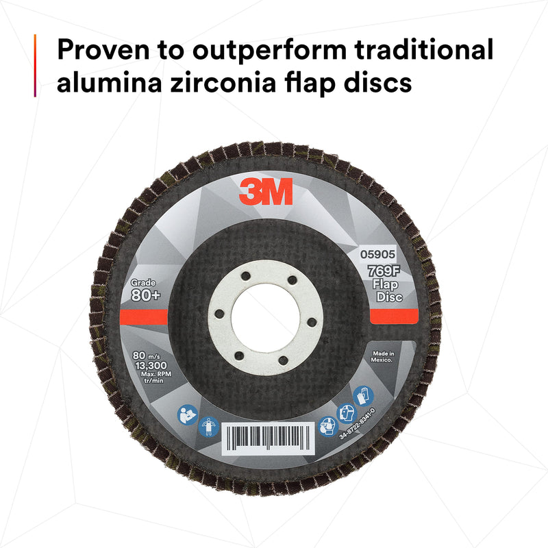 3M Flap Disc 769F, Type 27, 80+, 4-1/2 in x 7/8 in, High Performance Abrasive, Ceramic Precision-Shaped Grain Grinding and Finishing Disc, Carbon Steel, Stainless Steel 4.5 in x 7/8 in T27, 80+