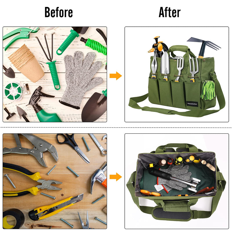 Housolution Garden Tote Bag, 900D Standable Gardening Tool Bag, Garden Tote Storage Bag with Pockets & Long Adjustable Shoulder Strap, Home Tools Organizer Garden Tool Kit Holder, 14 Inch Dark Green