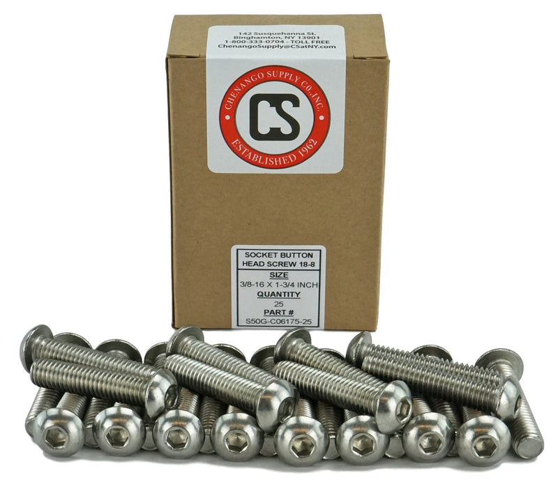 Stainless 3/8-16 x 1-3/4" (3/4" to 3" Available) Socket Button Head Cap Screws, Full Thread, Hex Drive, Stainless Steel 18-8, Coarse Thread (3/8-16 X 1-3/4), 25pc