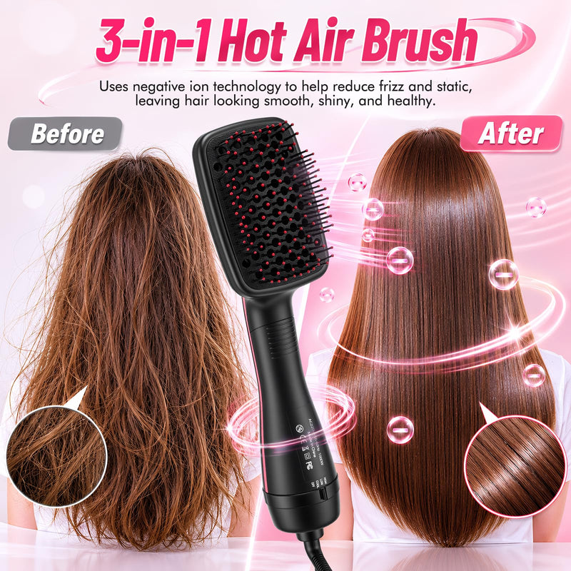 3 in 1 Hair Dryer Brush,Hot Air Styling Brush with Negative Ion,Hairdryer Straightener Brush with 3 Heat/2 Speed Settings,Scalp Massage Function for Frizz-Free Salon (Black + red) Black + Red
