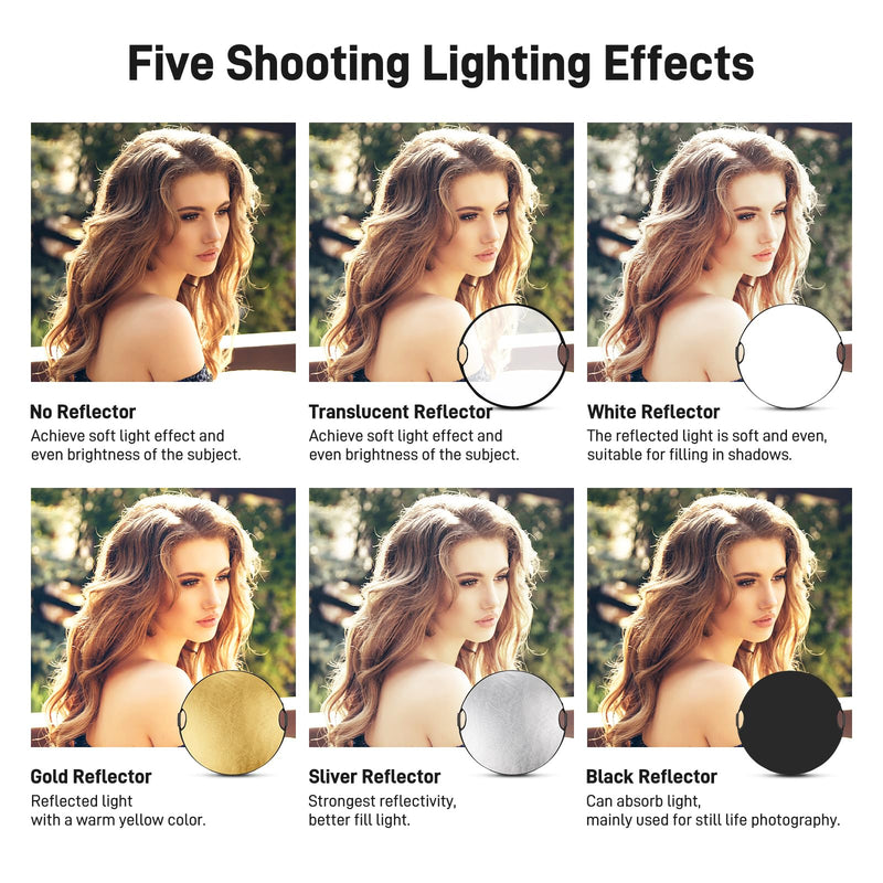 GVM 32"/80cm 5 in 1 Photography Reflector, Collapsible Round Light Reflector with Handle Grips, Portable Light Reflectors for Photography Studio Outdoor Portrait-Translucent/Black/Gold/Silver/White
