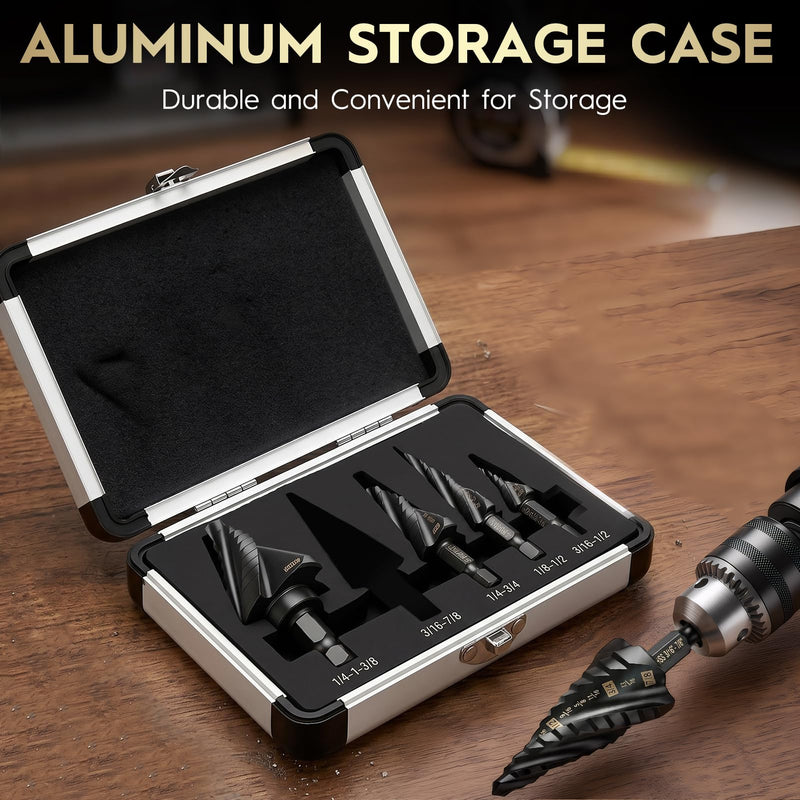5PCS Titanium Step Drill Bit - Four Spiral Flute HSS Step Bit, 50 Sizes from 3/16" to 1-3/8", Steps Bits for Metal, Aluminum, Wood & Plastic, for Electricians & DIY 5PCS Four Spiral