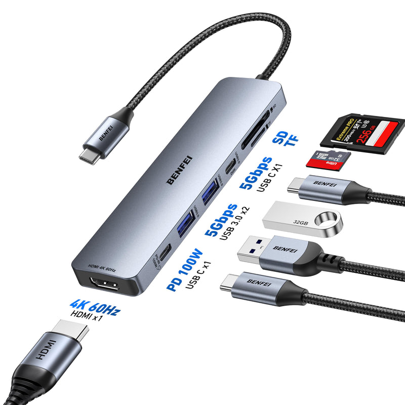 BENFEI 7-in-1 USB C Hub with HDMI(4K@60Hz), 2 USB-A, 1 USB-C Data, 100W Charge, SD/TF Card Reader, Silicone Tangle-Free Cable Compatible with MacBook Pro/Air, iPad Pro, iMac, iPhone 15 Pro/Pro Max Grey