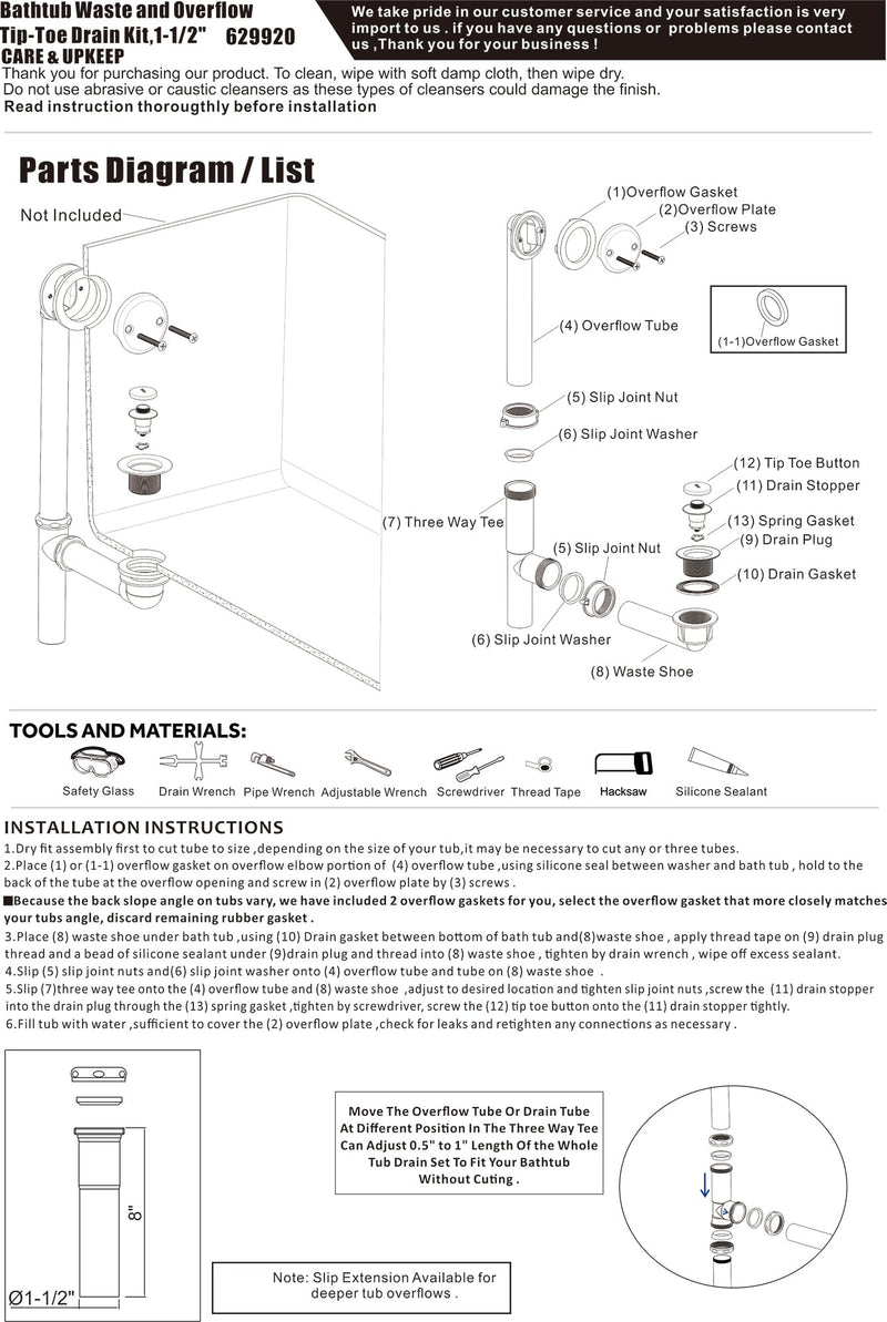 Artiwell 1-1/2'' Black Tubular Bath Drain Kit with Tip-Toe Bath Drain Stopper & Overflow Plug, Champagne Bronze