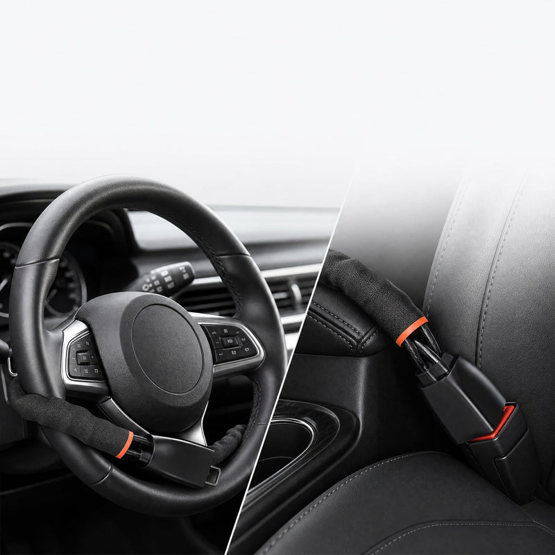 Car Steering Wheel & Seat Belt Lock, Black, 17 Inch | Thickened Braided Steel Wire, 3 Keys Included, Universal Anti-Theft Device, For Car/SUV/Truck/Golf Car