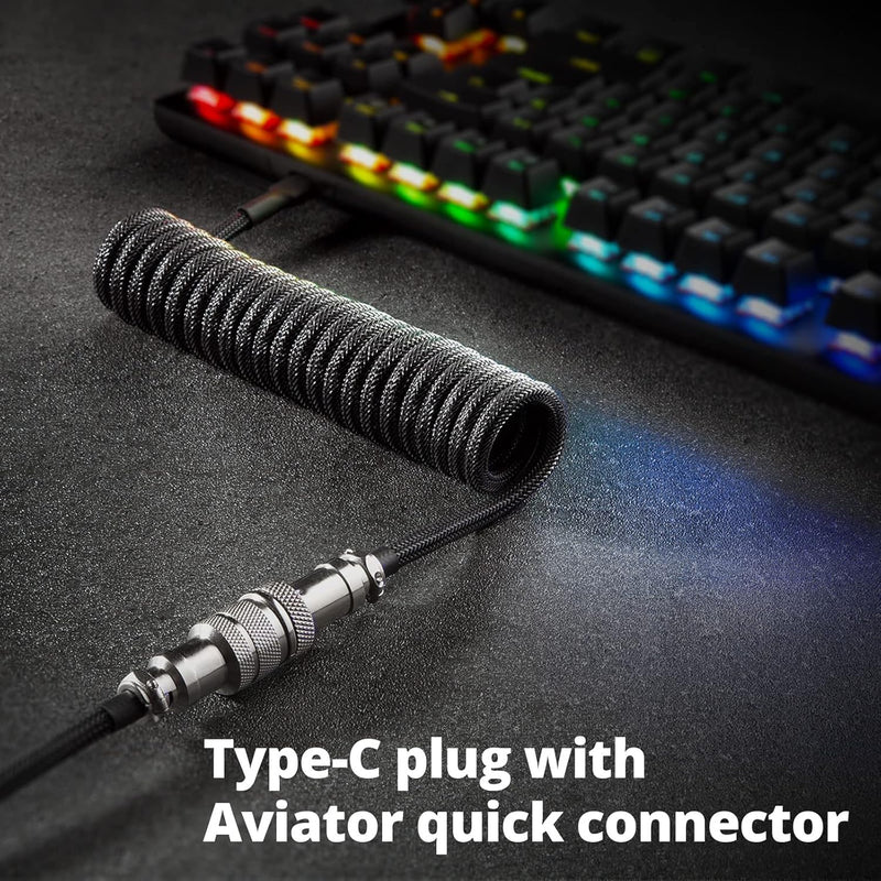 Pro Custom Coiled USB C Cable for Gaming Keyboard, Double-Sleeved Mechanical Keyboard Cable with Detachable Metal Aviator, 1.5M USB-C to USB-A, Carbon Black Color