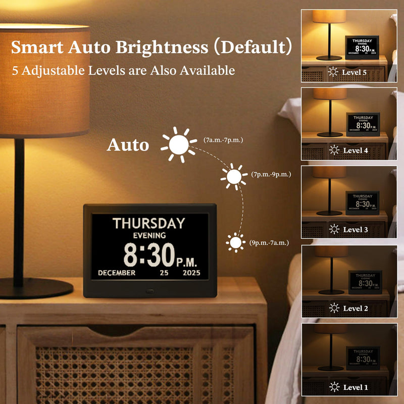7'' Dementia Clock For Seniors, Large Display Digital Clock With Date, Time, Day Of Week for Elderly, Memory Loss, Alzheimer, 1024*600P HD, 10 Reminders & 6 Alarms, Auto Dimming & DST, Remote Control 7" Black