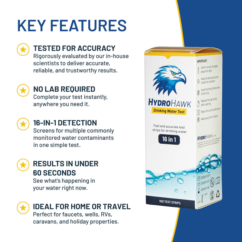 16-in-1 Drinking Water Test Strips (100 Pack) – Water Testing Kit for Tap, Well, RV & Spring Water, Tests Hardness, Chlorine, pH, Iron, Metals & Nitrates. Fast Results in 60 Seconds.