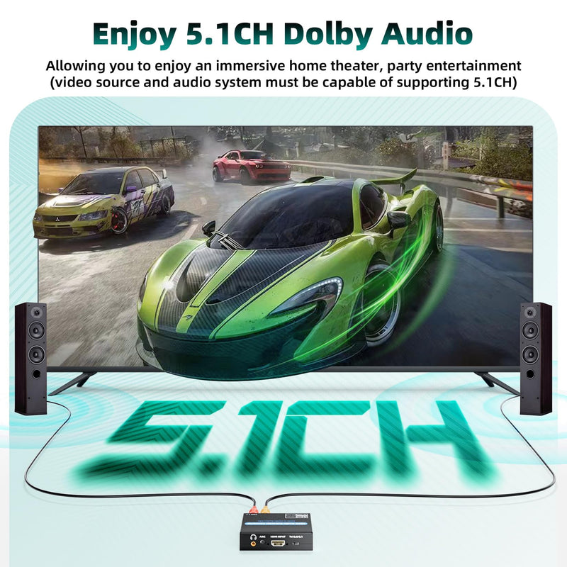 HDMI Audio Extractor Converter, 4K@60Hz Audio Adapter with Optical SPDIF + 3.5mm Stereo + Analog RCA L/R Audio Adapter, HDMI ARC Converter Supports 5.1 HDCP 2.2 HDR 18Gbps, for PS5 Xbox HDTV