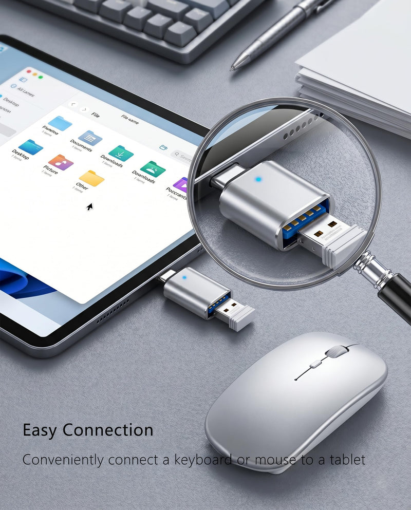 USB C to USB A 3.0 OTG Adapter, Silver, 3 Pack for Data Devices | Instantly connect keyboards or flash drives to your laptop or phone. LED indicator confirms sync status. Compact space-saver. 3-Pack