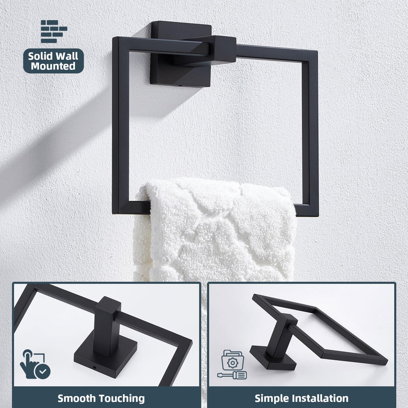 APLusee Swivel Towel Ring Matte Black, 304 Stainless Steel Square Hand Towel Holder for Bathroom Wall Mounted