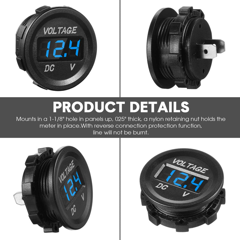 Frienda 4 Pieces DC 12V Car Voltage Gauge LED Display Waterproof Voltmeter Digital Round Panel Voltmeter Compatible with Vehicle Motorcycle Truck Camper Caravan ATV UTV Car Boat (Blue) Blue