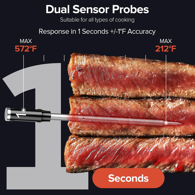 Smart Wireless Meat Thermometer with Dual Probes - Advanced Bluetooth Cooking Thermometer for Perfect Grilling, Smoking, Oven Roasting & Air Frying, Long Range Monitoring & Smart Alerts BLACK