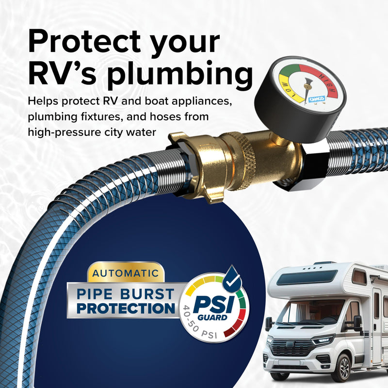 Camco Brass Water Pressure Regulator with Gauge- Helps Protect RV Plumbing and Hoses from High-Pressure City Water - Easy Read Gauge (40064) Water Pressure Regulator w/Gauge