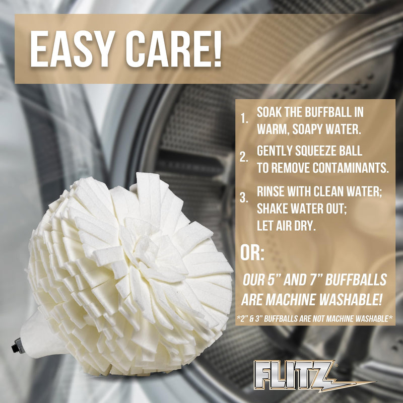 Flitz Buff Ball Car Buffer Drill Attachment with Self-Cooling Design, Never Burns and No Exposed Hardware to Prevent Scratches, Buff and Polish Any Surface, Machine Washable, 7 Inch, White 7-Inch