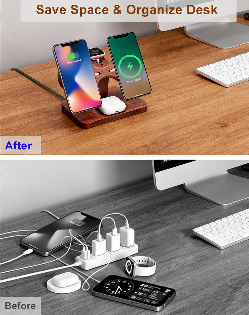 Compatible with Magsafe Dual Phone Charging Station for Apple Devices,Two Phone Wireless Charger for iPhone 17/16/15/14/13,AirPods & Apple Watch,Wood Charger Stand,Gift for Men Dad Boyfriend