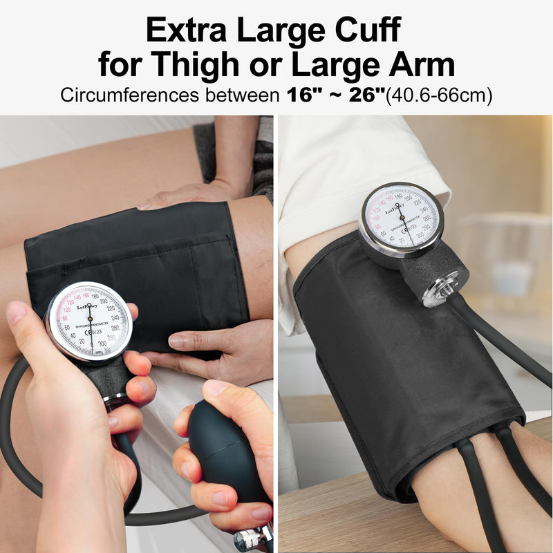 LotFancy XXL Blood Pressure Cuff Manual Adult, Professional Thigh BP Cuff 16"-26", Extra Large Adult Size Sphygmomanometer with Carrying Case and Zero Calibration for Home Use, Nursing Student, Doctor Black XL/XXL Cuff (16”-26”)