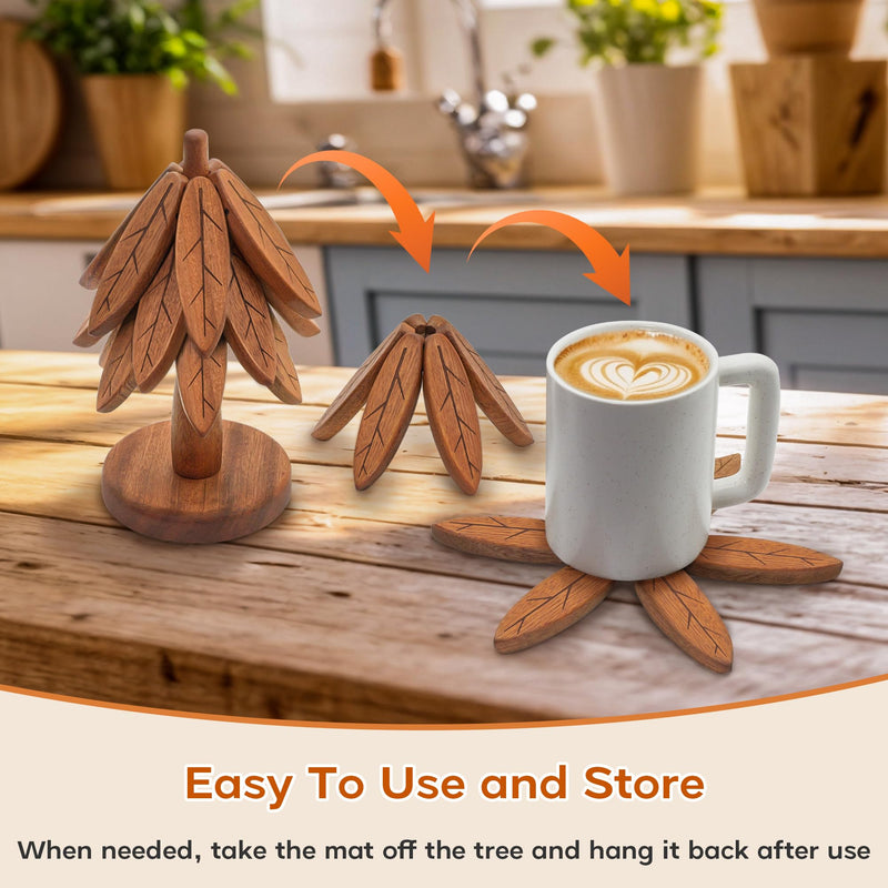 Wooden Trivets for Hot Dishes, Wooden Tree Trivet Set, Tree Coasters - of 5 + 1 Stand stored, Suited for Hots, Pans, Bowl, Teapot, Hot Holders - Multifunctional Ornaments Walnut - 5pcs