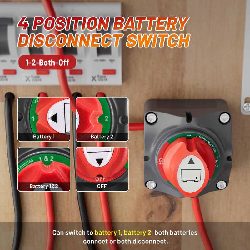 RED WOLF 1-2-Both-Off Battery Switch DC 12V-48V 200A, Heavy Duty Marine Battery Power Cut Master Switch Disconnect Isolator Ignition Protected for Automotive RV Marine Battery Kill w/M8 Stud 1-2-Both-Off Switch