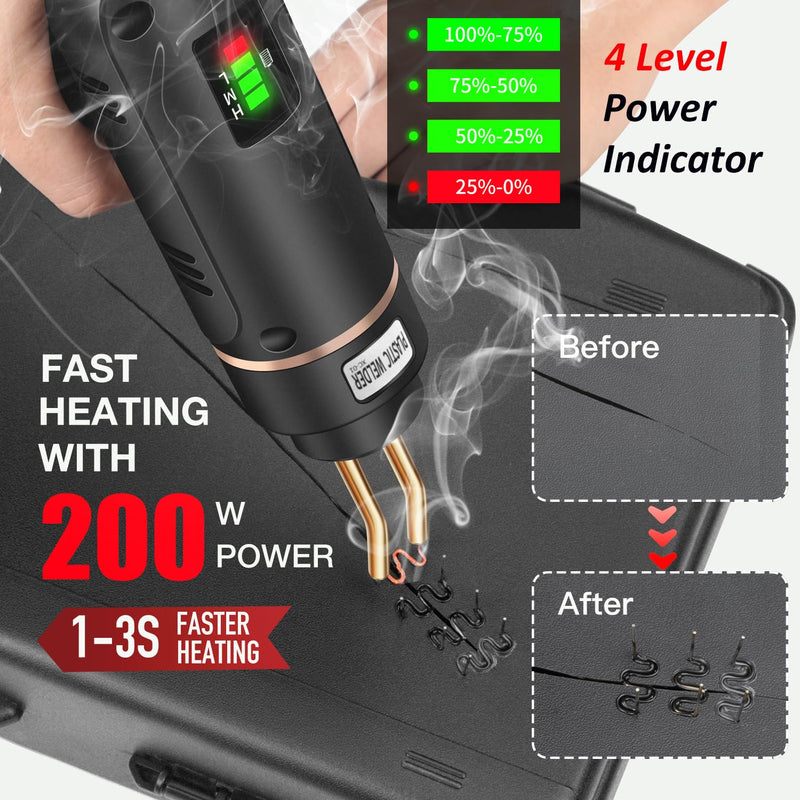 200W Cordless Plastic Welder, Plastic Welding Kit with 1200PCS Hot Stapler, USB Rechargeable Plastic Welder Gun with 5000mAh Battery, Plastic Weld Bumper Repair Kit for Most Plastic Repair Black