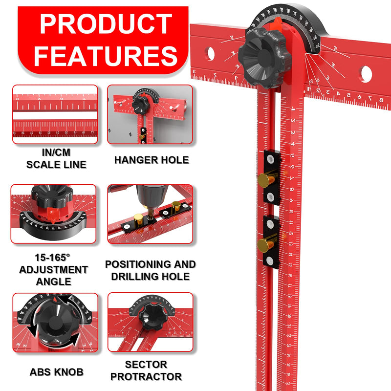 29 Inch Woodworking T Square Ruler, Adjustable Angle 15-165° Measurement Tool, Aluminum Alloy Body Precision Drilling Positioning Guide for Carpentry, Drafting, Architec, Scribe Crafting 29in red