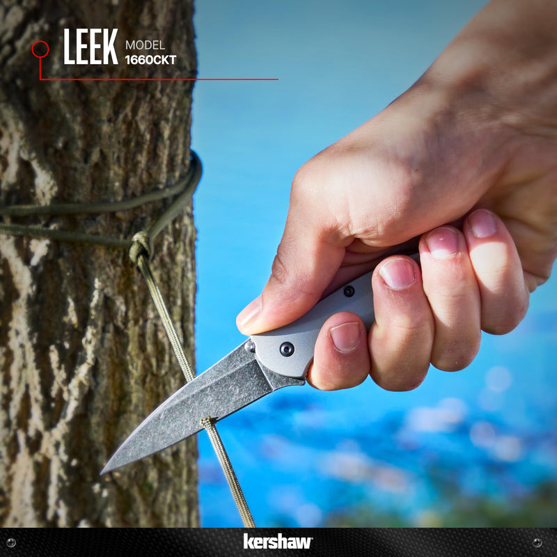Kershaw Leek, BlackWash Pocket Knife (1660BLKW); 3 Sandvik 14C28N Steel Blade, 410 Stainless Steel Handle, BlackWash Finish, SpeedSafe Assisted Open, Frame and Tip Locks, Reversible Pocketclip; 3 OZ Silver