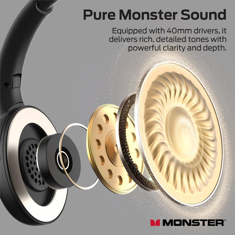 Monster TVlink 300 Wireless TV Headphones Transmitter Base Bluetooth 5.3 | Over Ear Design, 45 Hours Battery Life, Low Latency Under 40ms, Foldable Comfortable Fit, Plug & Play Setup Black
