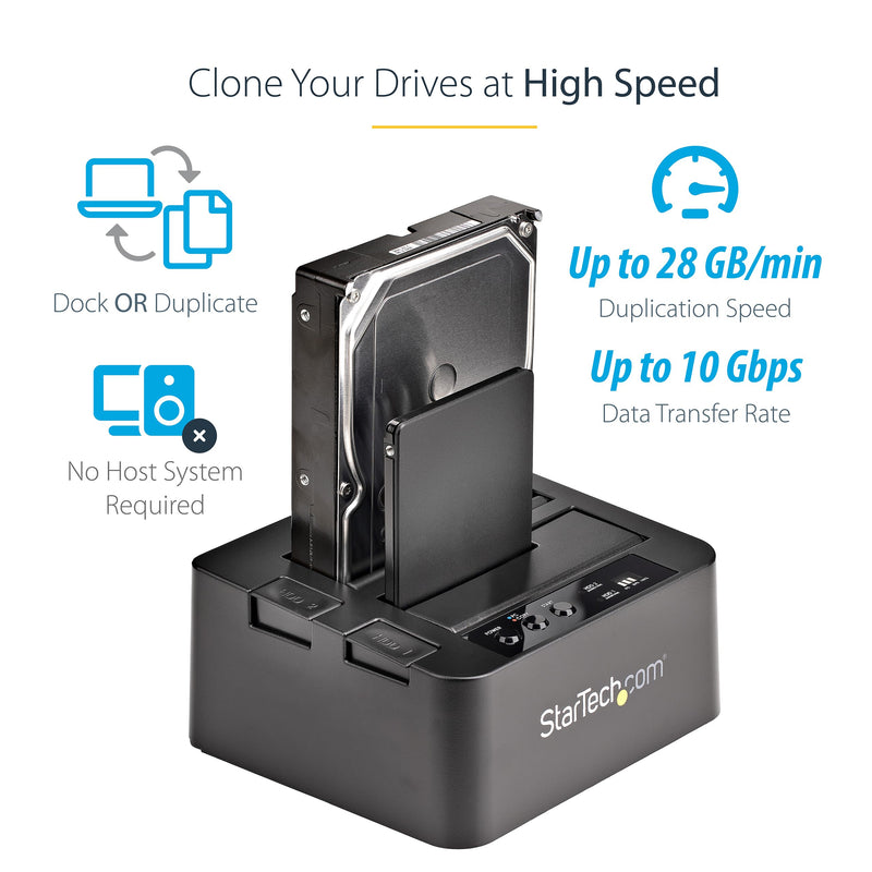 StarTech.com Standalone Hard Drive Duplicator, External Dual Bay HDD/SSD Cloner/Copier, USB to SATA III Docking Station USB 3.1 (10 Gbps)