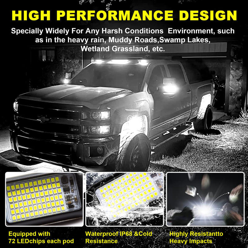 Nicoko 4Pods Pure White 72 Leds SMD Chips 72w High Power Rock Lights Super Bright White Offroad Car Boat Underglow Lights IP68 Waterproof for Truck SUV UTV ATV RZR Pure white rock lights