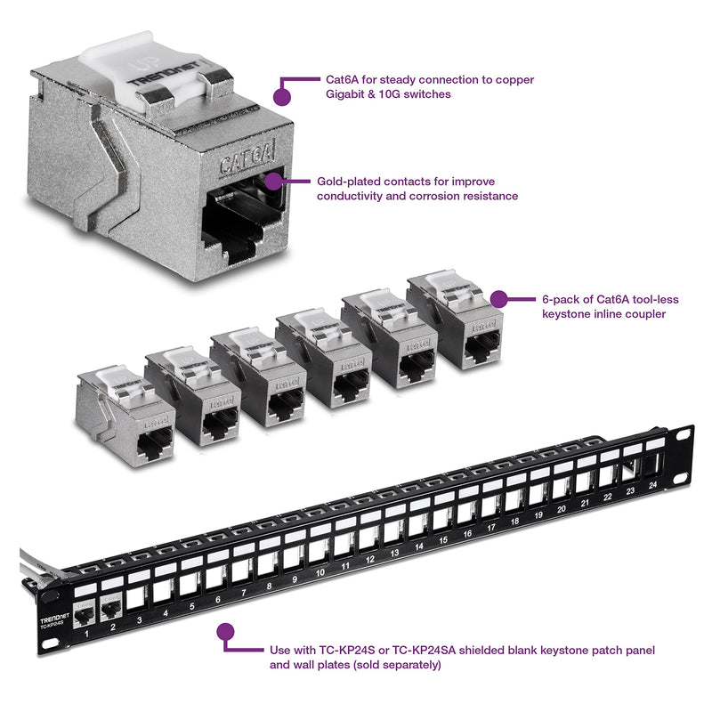 TRENDnet Cat6A RJ45 Keystone Inline Coupler Keystone Jack, 6-Pack, TC-KC06C6A, Keystone Jack Female to Female for Wall Plates & Blank Shielded Keystone Patch Panels, Silver