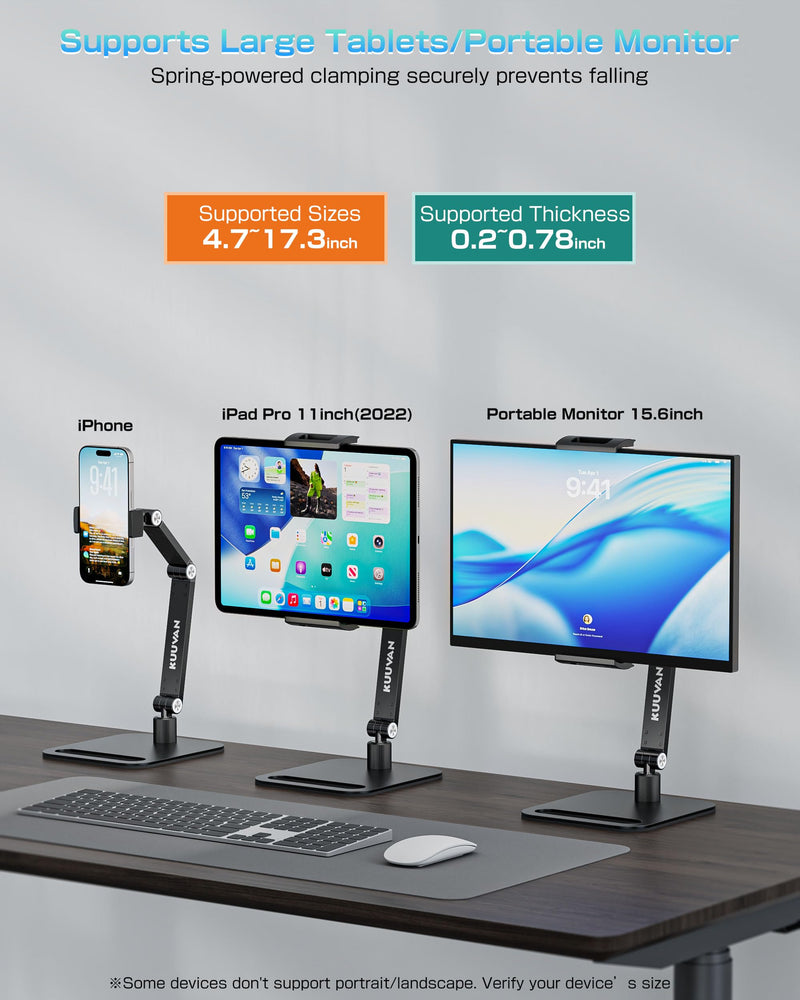 Tablet Stand Holder for iPad, Portable Monitor Stand Holder 15.6'',17.3'', Aluminum Alloy Foldable Arm Mount with 360° Swivel Desk Mount Compatible with 4.7-17.3inch Tablet, Cell Phone (Black) Black