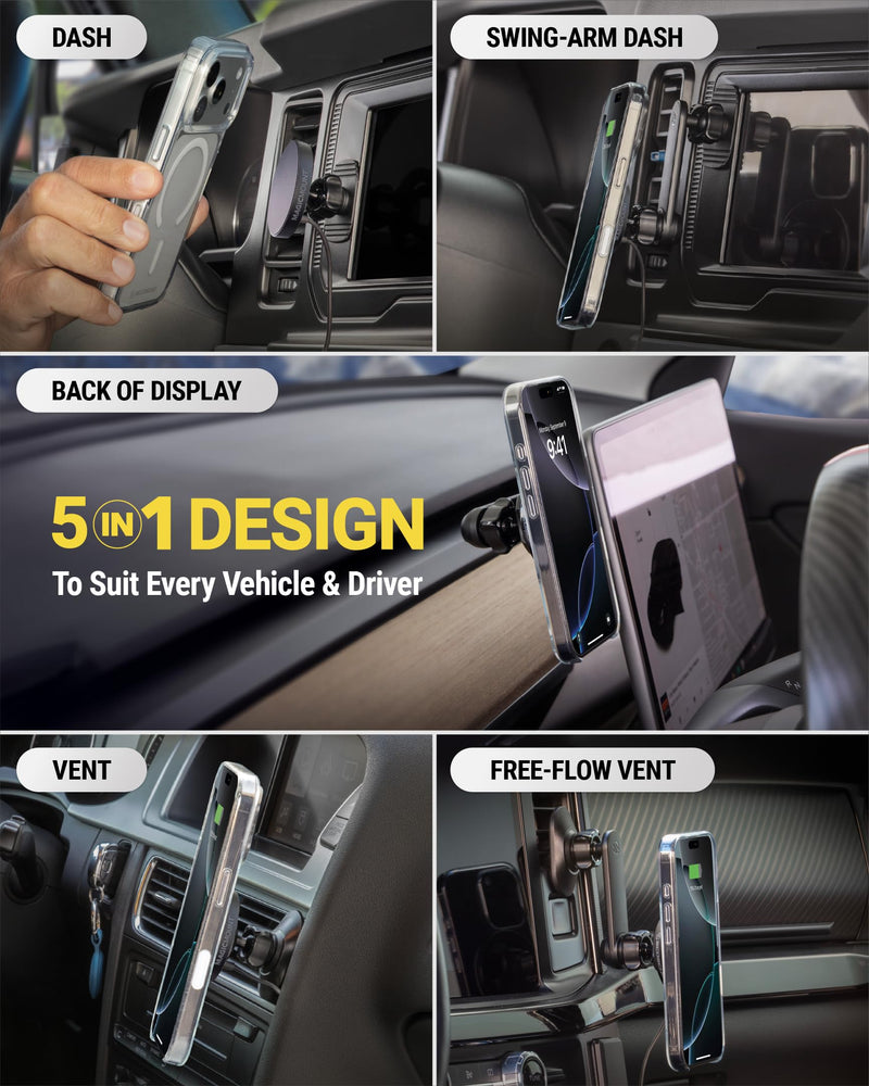 Scosche Qi2 MagSafe Car Mount Charger 25W Fast Wireless Phone Holder with 5-in-1 Mounting Options for Vent, Dashboard, Swing Arm, Back-of-Display, Compatible with iPhone 17/16/15/14/13 & Samsung S25